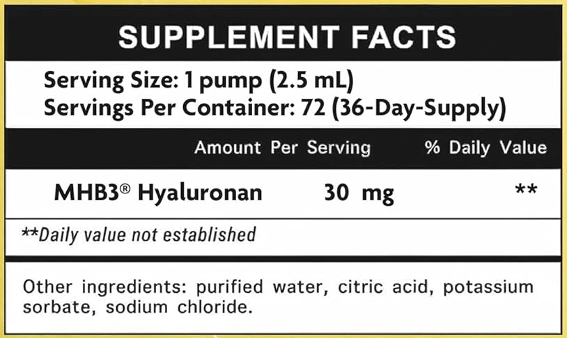 Supplement Facts label for Baxyl Joint Relief 6 oz liquid hyaluronic acid supplement