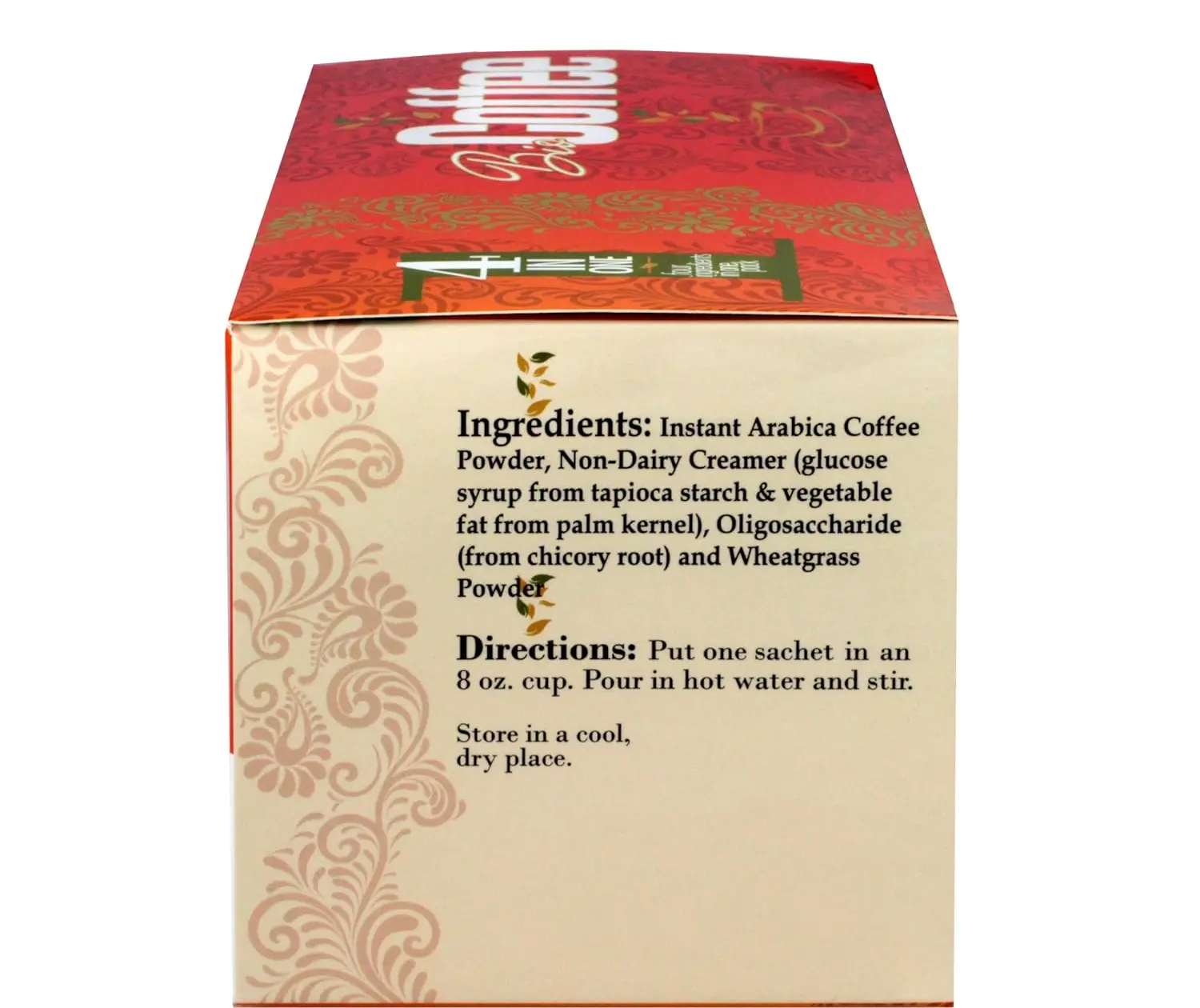 Detailed supplement facts for Bio Coffee showing organic wheatgrass, 6g fiber, and prebiotic chicory root ingredients.