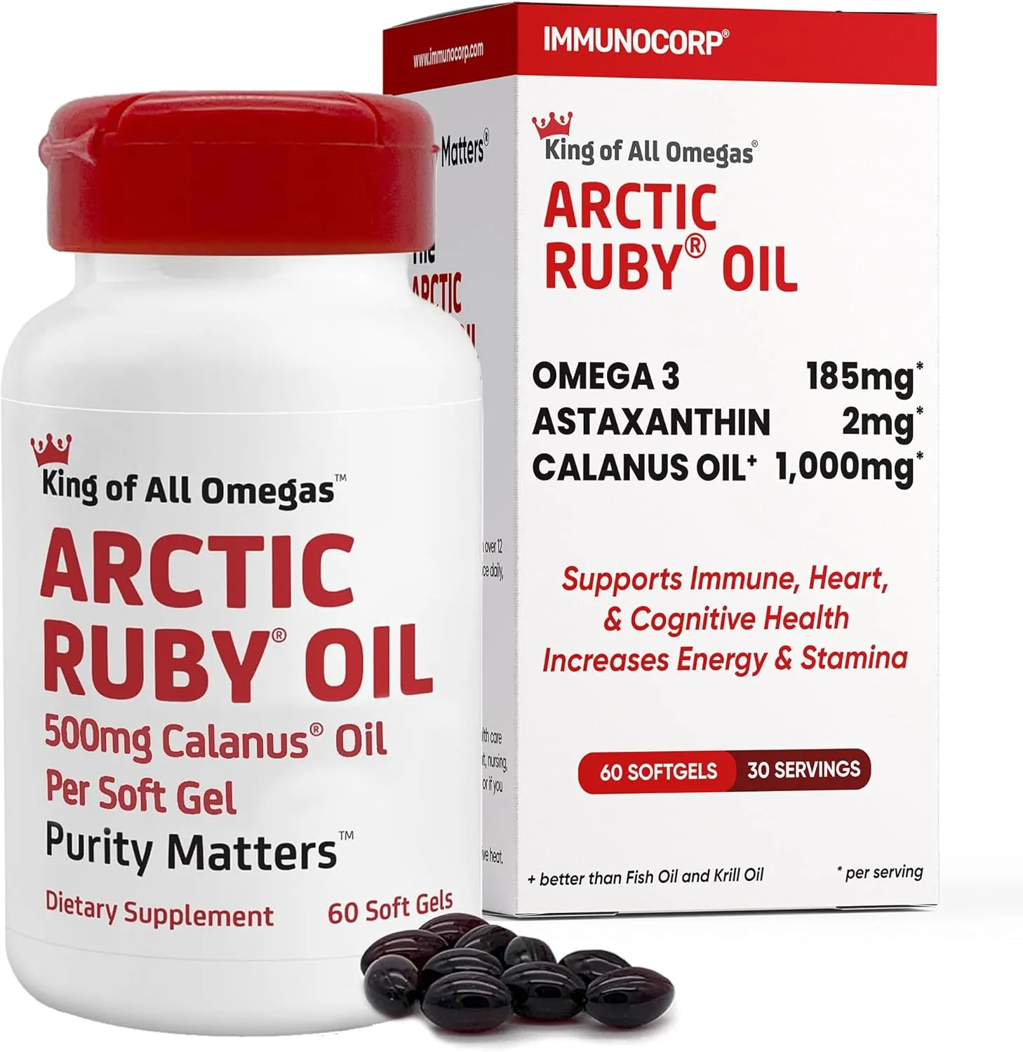 An HD image of ImmunoCorp Arctic Ruby Oil, showing the easy-to-swallow softgels that serve as a superior alternative to krill oil.