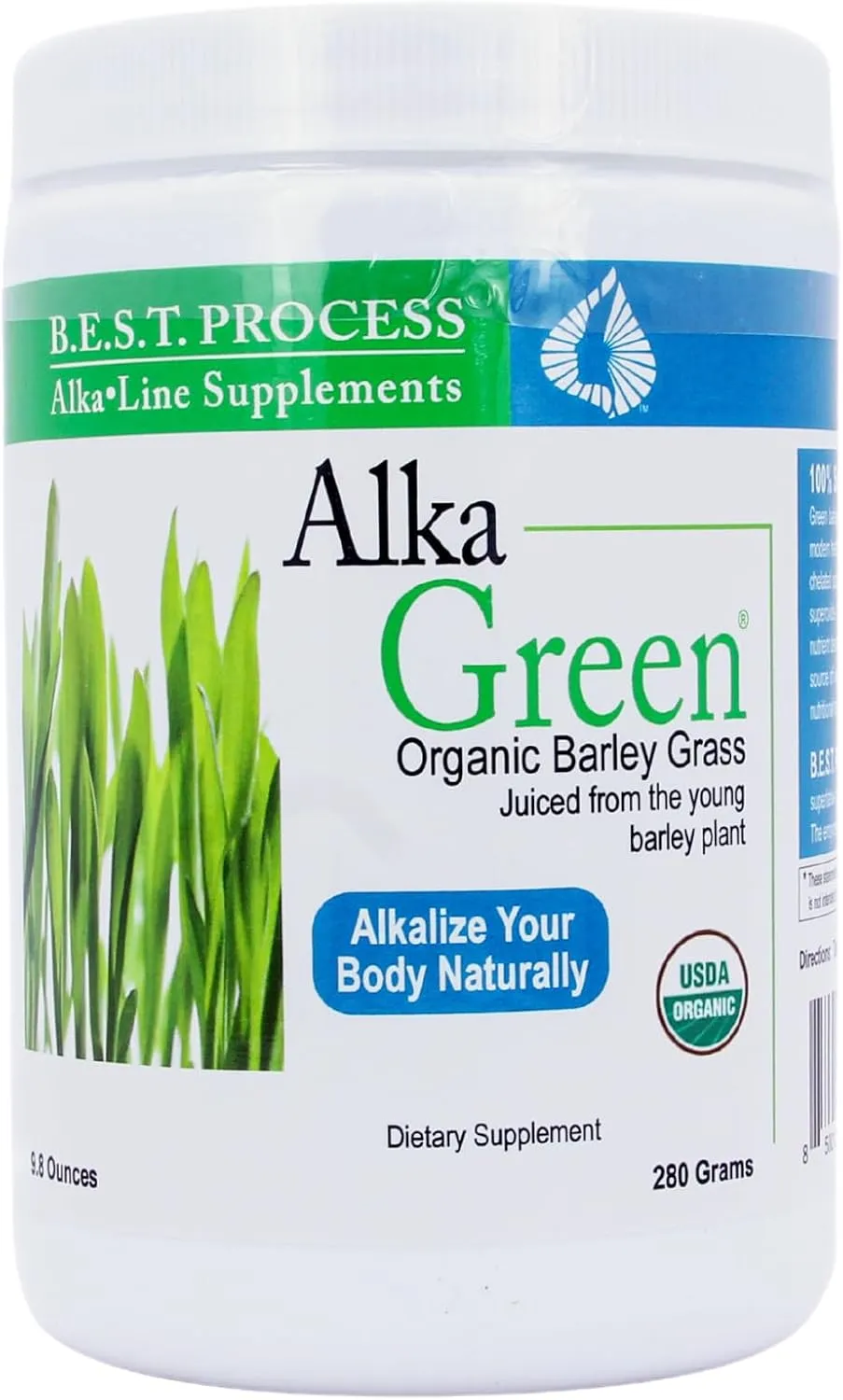 A bottle of Morter Health Alka Green, a premium organic barley grass juice powder for natural alkaline balance and cellular vitality.
