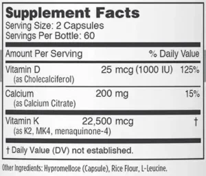 Osteo-K Minis supplement facts label with calcium, vitamin D3, and MK-4 nutritional information for bone health support.