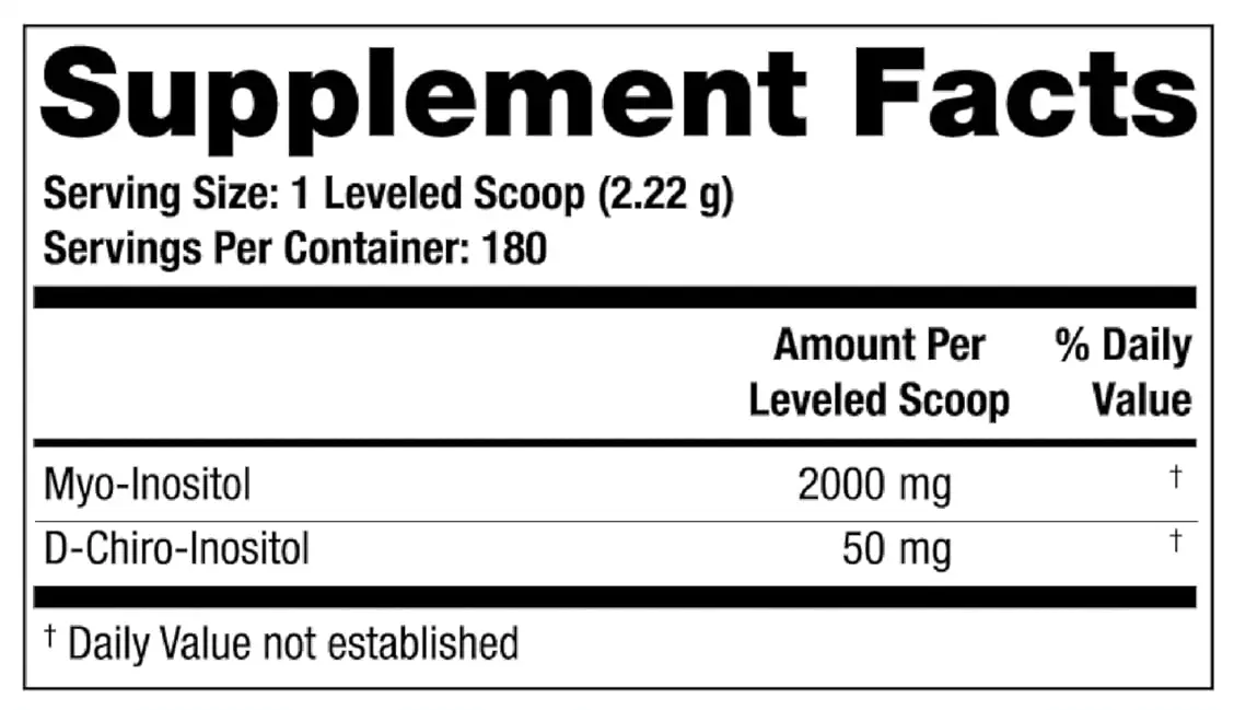 Ovasitol supplement facts panel showing myo inositol and d chiro inositol content
