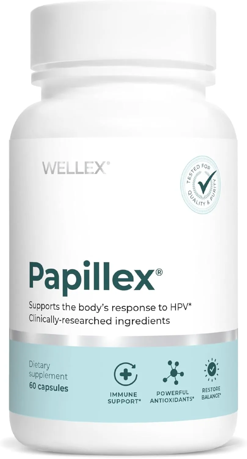 Bottle of Papillex dietary supplement capsules for immune system and cervical health support.