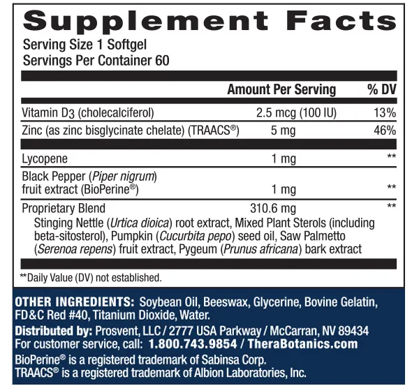 Supplement facts label for Prosvent showing beta sitosterol and BioPerine ingredients.