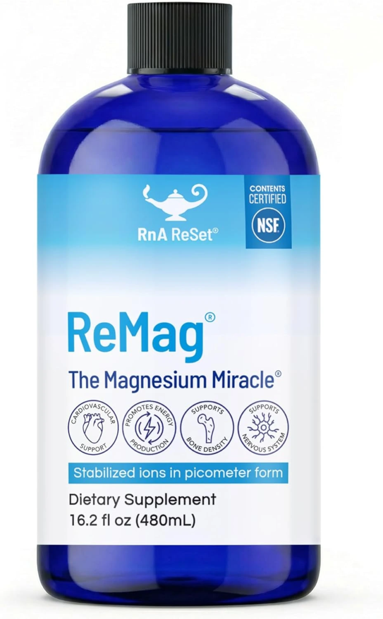 Front view of ReMag liquid magnesium chloride 16 oz bottle on a clean white background for dietary mineral balance.