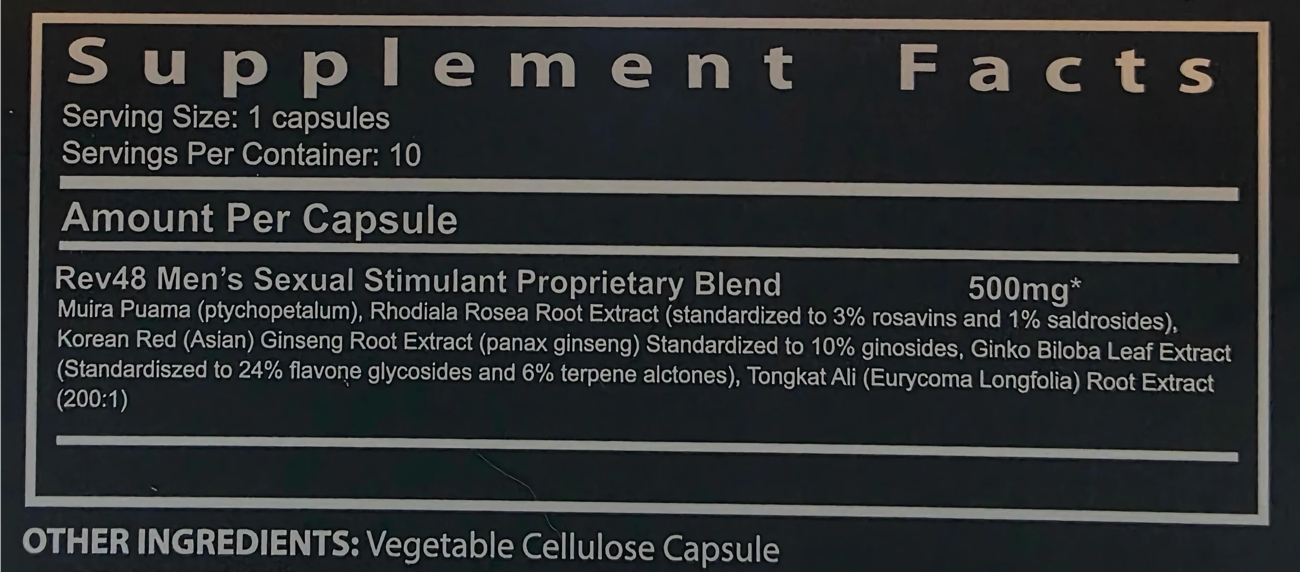 Supplement Facts label for Rev 48 herbal male enhancement supplement showing ingredients and serving information