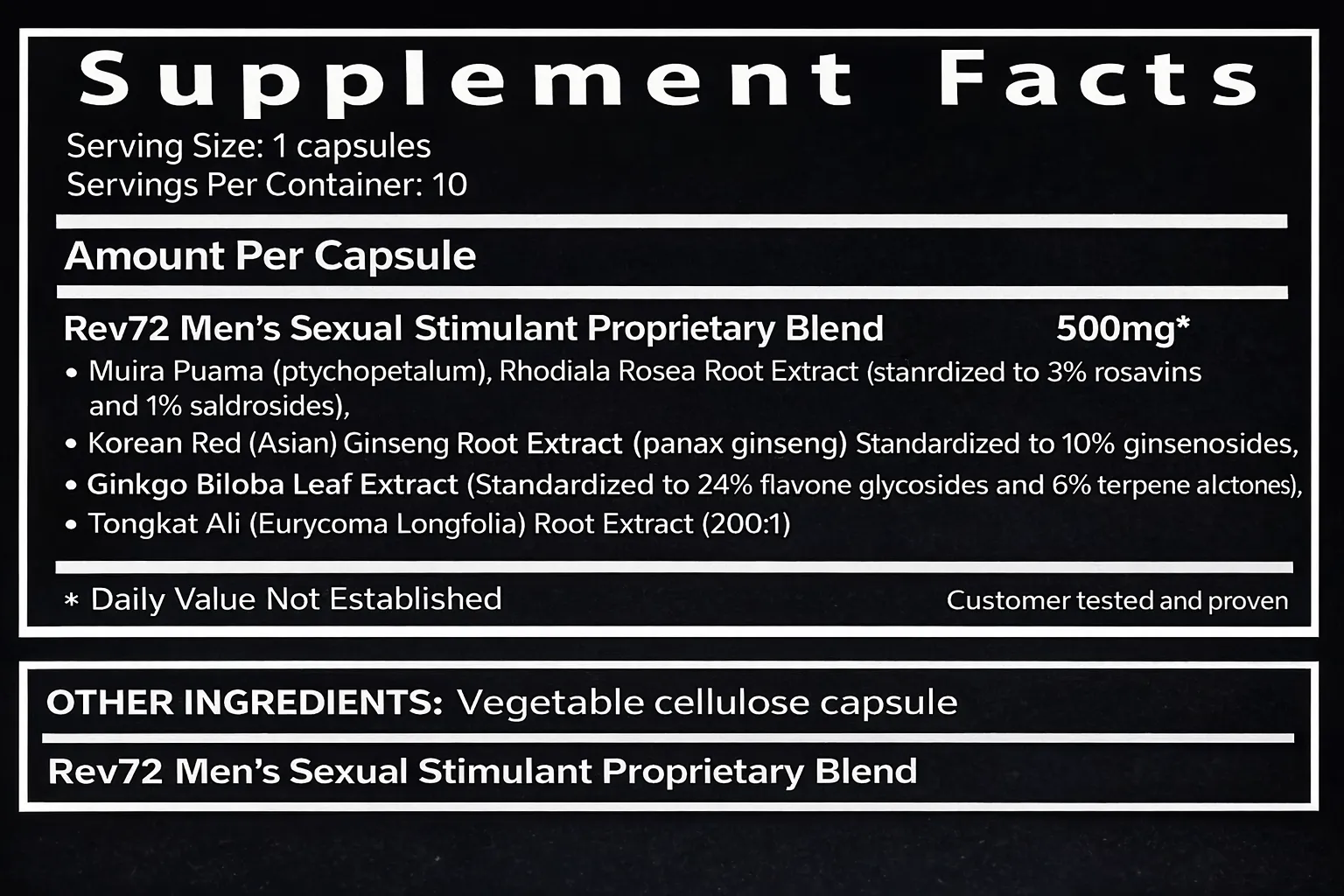Supplement facts label for herbal performance support formula