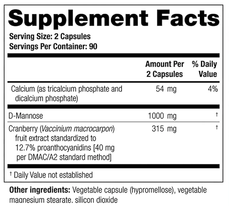 Supplement facts label showing cranberry PAC content and d mannose amount