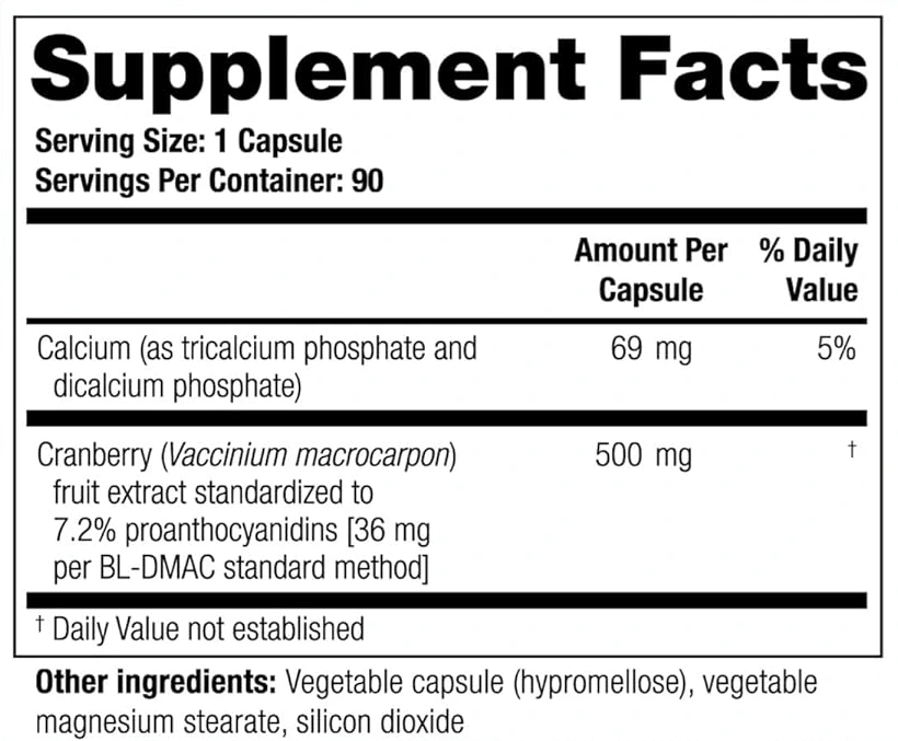 Supplement facts label showing verified cranberry PAC content
