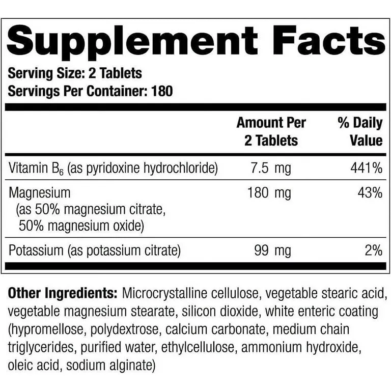 Supplement facts label showing citrate, magnesium, vitamin B6, and potassium content