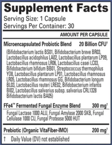 Supplement Facts label for TriActive Biotics Advanced Care probiotic with 20 billion CFU