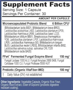 Supplement Facts label for TriActive Biotics Daily Care probiotic supplement