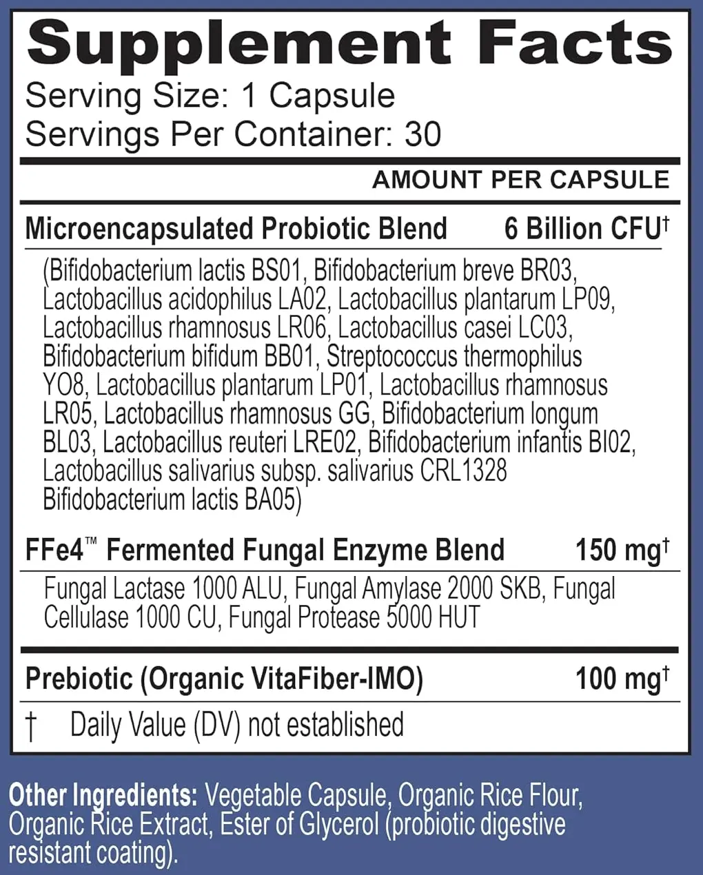 Supplement Facts label for TriActive Biotics Daily Care probiotic supplement