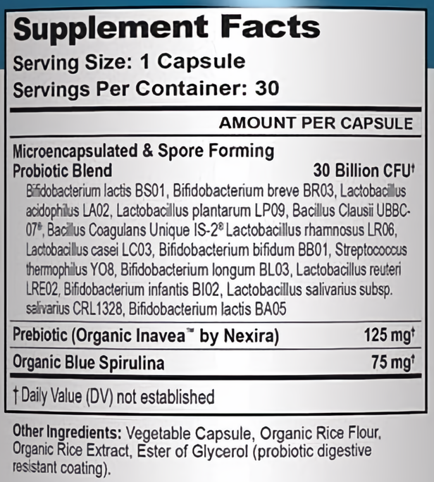 Supplement Facts label for TriActive Biotics For Men probiotic with 18 clinically studied strains