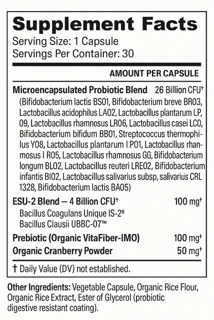 Supplement Facts label for TriActive Biotics For Women probiotic with 26 billion CFU, ESU-2 blend, prebiotic, and cranberry powder