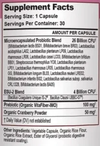 Supplement Facts label for TriActive Biotics For Women probiotic with 18 clinically studied strains