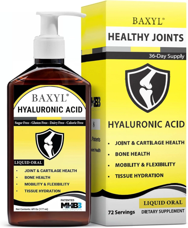 Front view of Baxyl liquid hyaluronic acid joint relief 6 oz bottle with a built in pump on a crisp white background