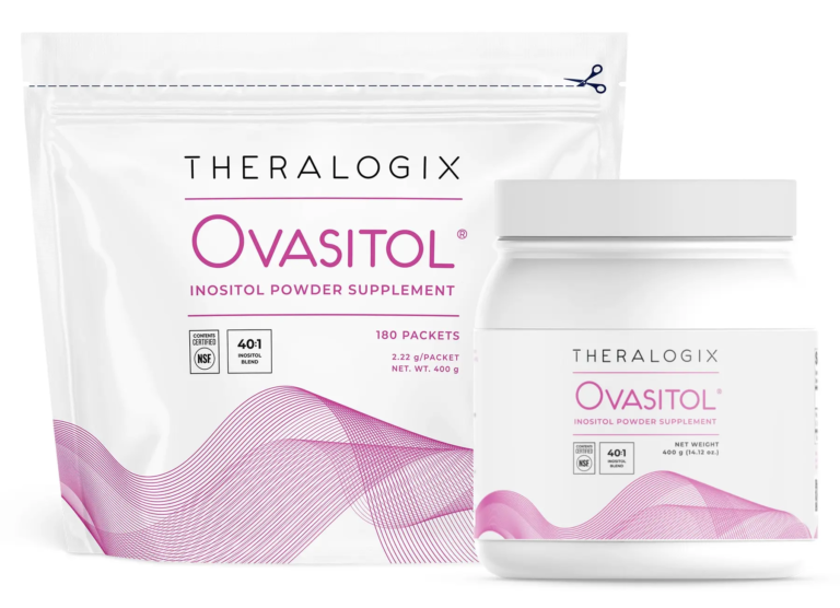 Theralogix Ovasitol 90 day supply showing both the 14.12 oz canister and 180 packets side by side